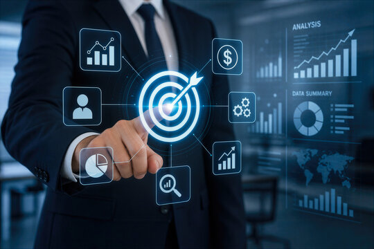 Business man in suit interacting with neon target and data analysis icons in modern office showing graphs charts analytics and performance dashboard for marketing strategy and KPI visualization