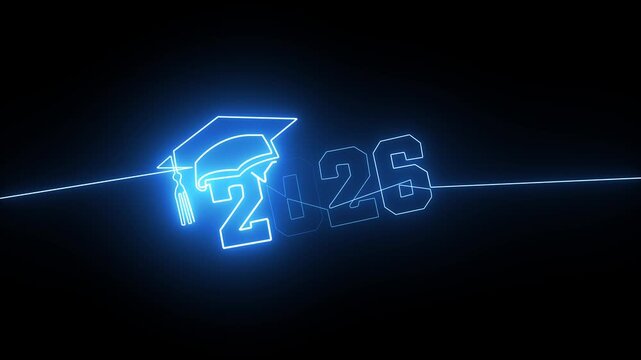 Neon blue glow graduation cap icon with the year 2026 on a dark background