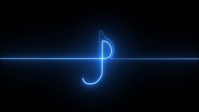 Glowing blue neon music note symbol formed by a single continuous line on a dark black background