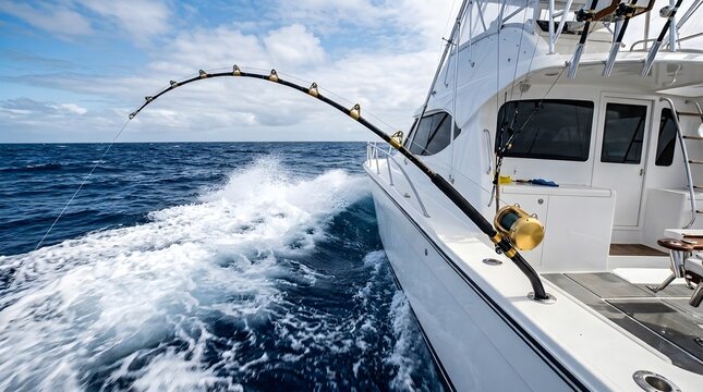 Large fishing boat actively trolling with a fishing rod bent by ocean waves.