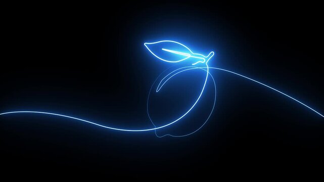 Continuous single line drawing of a lemon fruit glowing with blue neon light on black background