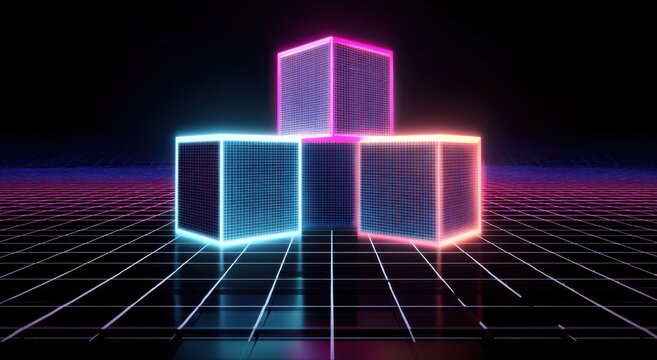 Neon geometric cubes on grid landscape retro 80s synthwave digital art style