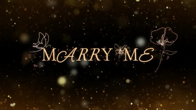 Marry Me phrase is written in an elegant cursive script with delicate line-art butterflies and flowers floating within a golden bokeh light atmosphere.