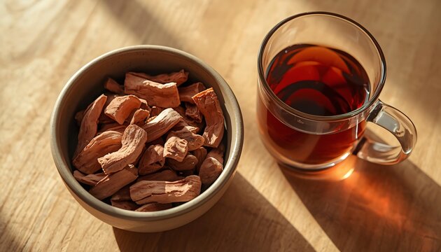 High angle view of dried arjun bark pieces in a ceramic bowl beside a glass mug of dark herbal decoction on a wooden surface.