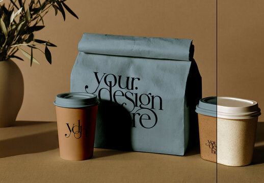 Takeaway Coffee Cup and Lunch Bag Mockup