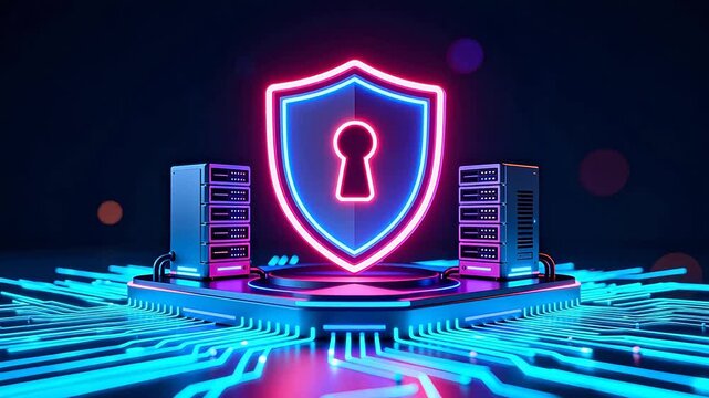 Neon shield and server towers