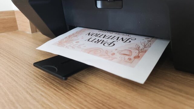 Process of printing custom postcard on black machine. Bright invitation paper sheet emerges from output tray, completing creation of unique custom postcard with floral graphic design.