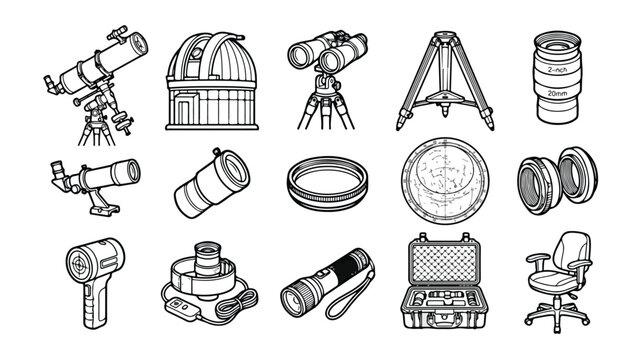 Astronomy and stargazing equipment icons, 15 professional telescope and observatory vector elements, black and white science optics collection
