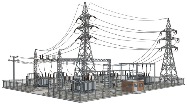 A large electrical substation with tall metal transmission towers