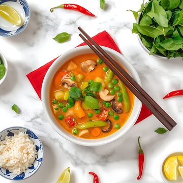 Delicious and spicy thai coconut soup with fresh ingredients