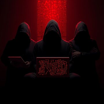 Three hooded hackers in a dark room with red glow and circuit board design