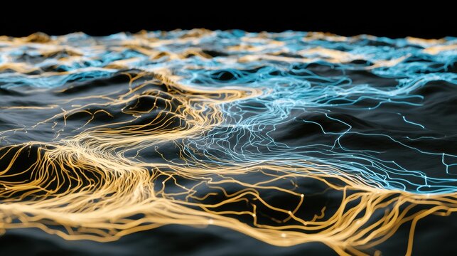 Route lines in gold and electric blue connect optimal points on a dark map surface, illustrating a concept of pathfinding and decision making.