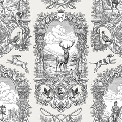 Seamless vector pattern with traditional European hunting motifs. Vintage engraving style illustration. © Anna