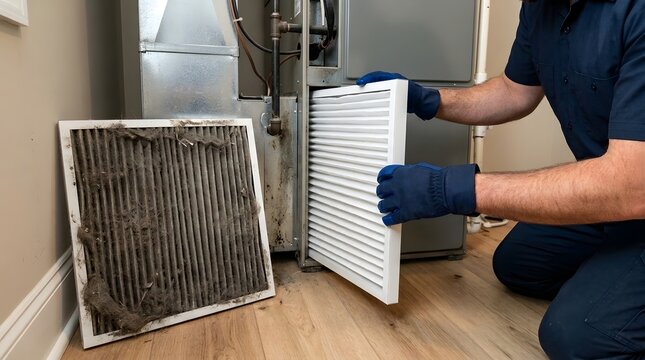 Technician replacing dirty old furnace air filter with clean new white pleated hvac unit.