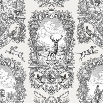 Seamless vector pattern with traditional European hunting motifs. Vintage engraving style illustration.