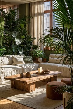 Biophilic living room with abundant indoor plants, natural wood furniture, linen curtains and earthy tones creating a calming eco luxury interior