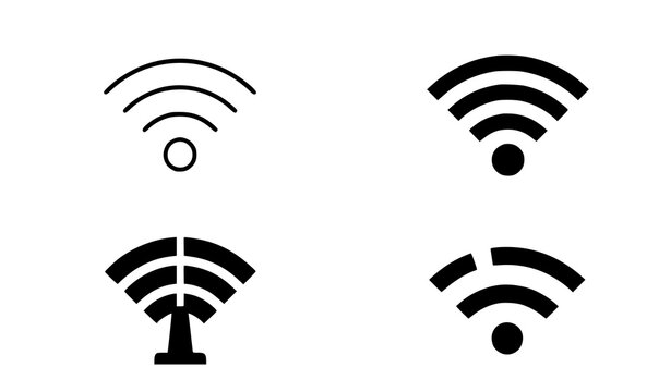 Four black and white wifi signal strength icons isolated on white