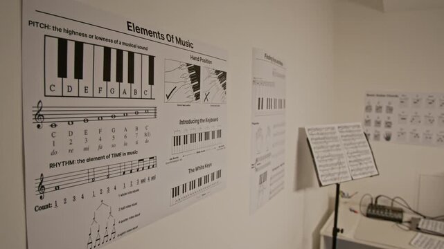 Music education posters hanging on wall in empty classroom with music stand and speaker in background. Clip for promoting music schools, online tutoring, or educational courses