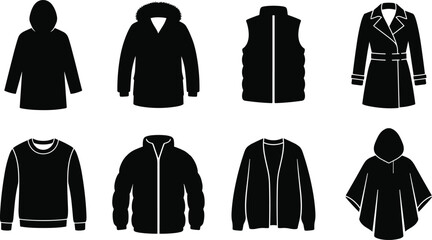 Winter Clothing and Outerwear Jacket Solid Icon Set Featuring Trench Coat Puffer Vest Sweatshirt and Raincoat Poncho © ARNAB