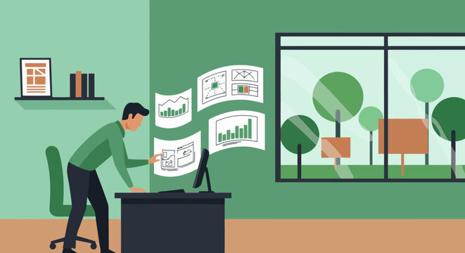 Male designer working at office desk, analyzing website wireframes and data charts on the wall