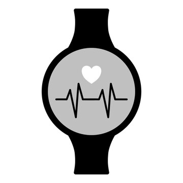 graphic illustration of a smart watch with a black silicone strap and a circular face displaying a heart rate monitoring symbol.