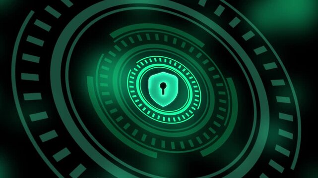 Digital cyber security shield hud interface with rotating data rings and glowing green network protection