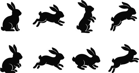 Obraz premium Rabbit Silhouette Icon Set Featuring Sitting Running Jumping and Hopping Bunny PosesRabbit Silhouette Icon Set Featuring Sitting Running Jumping and Hopping Bunny Poses