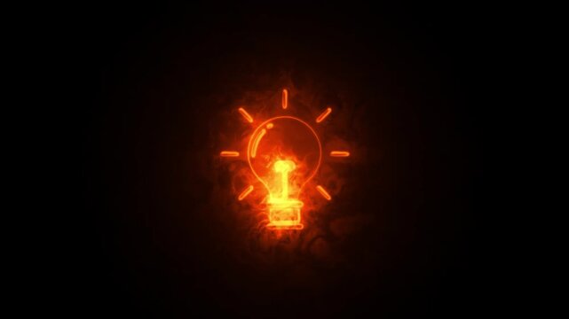 Glowing fire light bulb animation, creative idea concept on dark background, flame