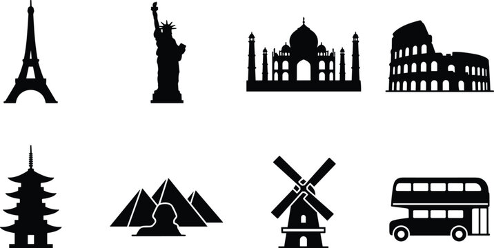 World Landmark Silhouette Icon Set Featuring Eiffel Tower Taj Mahal Colosseum Statue and PagodaWorld Landmark Silhouette Icon Set Featuring Eiffel Tower Taj Mahal Colosseum Statue and Pagoda