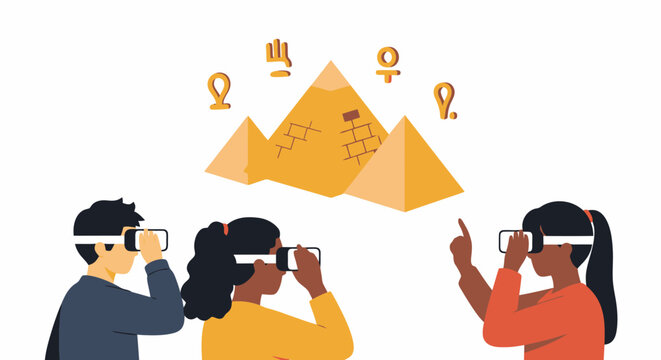 People exploring Egypt pyramids using virtual reality headsets illustration