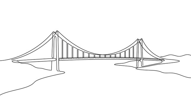 Continuous line drawing of a suspension bridge over water
