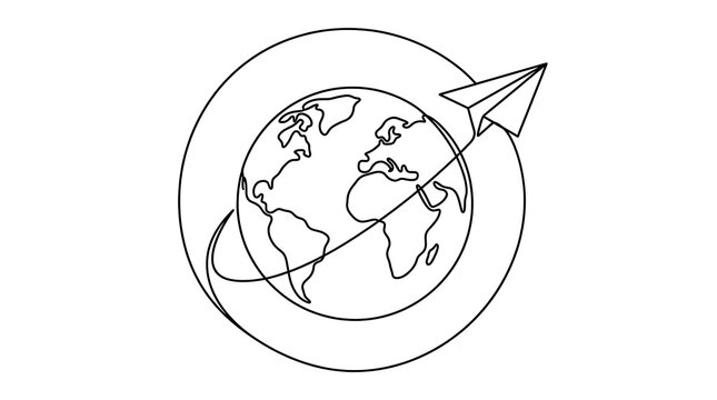 Continuous line drawing of Earth globe with flying paper plane