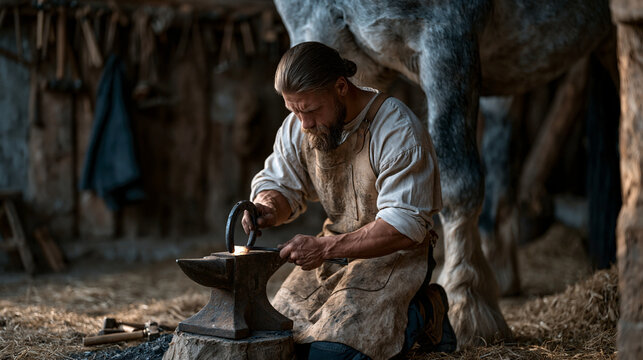 Farrier in worn leather apron kneeling beside draft horse leg in rural stable, shaping heated horseshoe on portable anvil, anvil ringing in dim barn light, tools hanging on rough