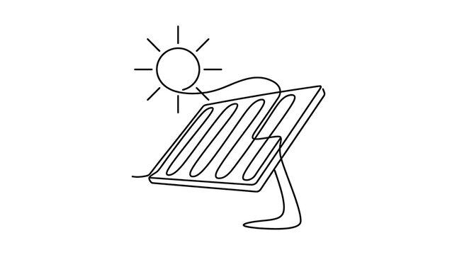 Continuous line drawing of solar panel and sun for clean energy