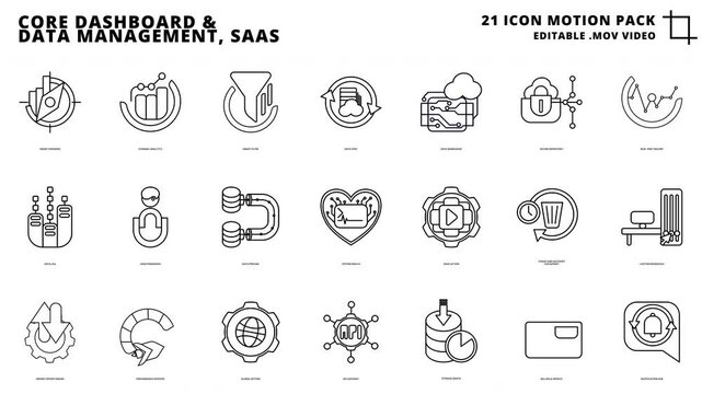 Editable Motion, MOV Animation, Core Dashboard Motion, Data Management Business Motion, Saas Motion UI UX Vector Icon Pack Motion Bundle in Modern Linely Style for Software Dashboard Development