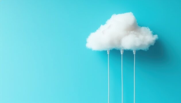 A minimalist conceptual shot of three white charging cables plugged directly into a fluffy cotton cloud against a turquoise blue background, symbolizing data transfer and storage.