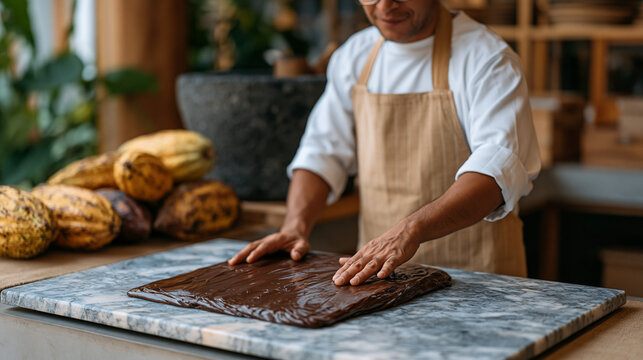 Colombian master chocolatier tempering single-origin cacao paste on marble slab in artisan confectionery workshop as autumn harvest cacao pods are arranged beside stone metate