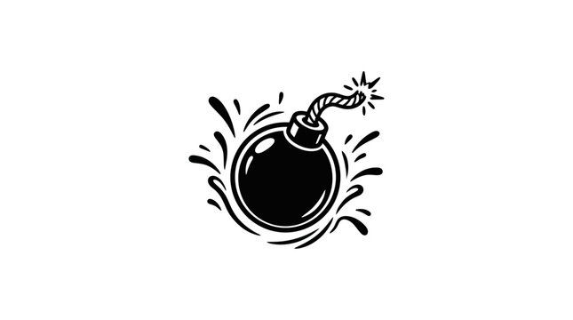 Black Silhouette Bomb Icon with Explosive Splashes on White Background