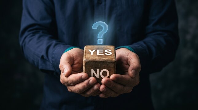 A person holds a rustic wooden cube featuring yes and no text options topped with a glowing blue digital question mark icon in their hands.