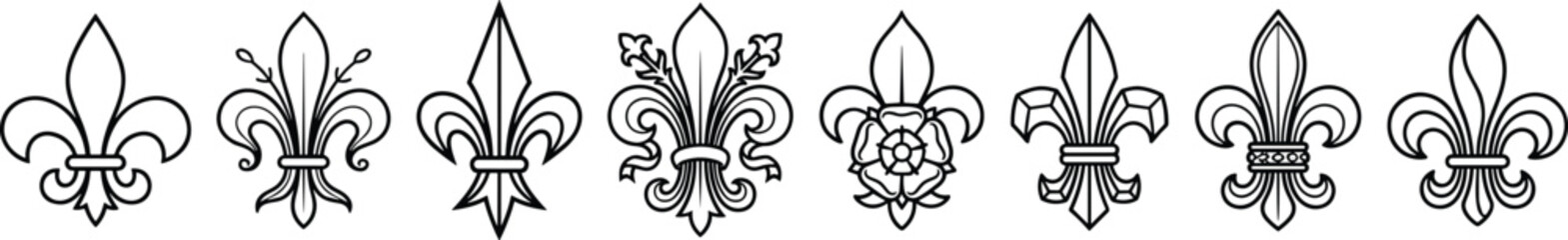Fleur de Lis Heraldic Symbol Outline Icon Set Featuring Royal Lily French Insignia Medieval Fleur de Lys Emblem and Ornamental Floral Graphics © MSTSULTANA