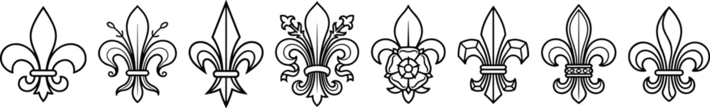 Fleur de Lis Heraldic Symbol Outline Icon Set Featuring Royal Lily French Insignia Medieval Fleur de Lys Emblem and Ornamental Floral Graphics