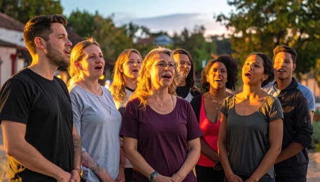 Diverse Group of People Singing Together Outdoors at Sunset
