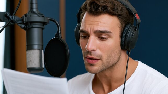 Male voice artist wearing headphones reads script into microphone in a sound studio with blue acoustic panels and soundproofing visible in the background