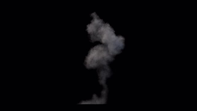 Dynamic 3D rendered smoke plume animation isolated on black background.