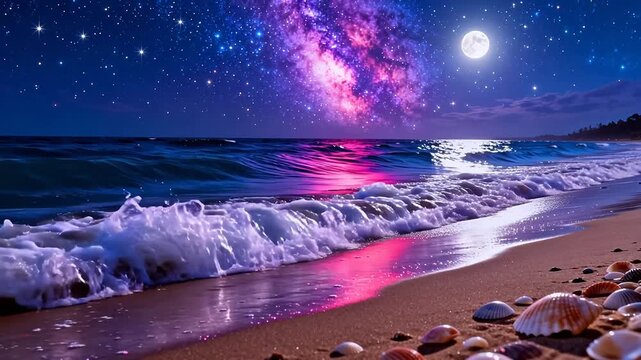 Beach at night with moon and stars