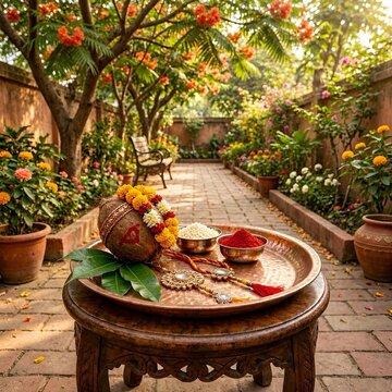 A traditional brass thali arranged for Raksha Bandhan, featuring a decorated coconut, Roli, rice, and ornate Rakhis, placed on a wooden table in a scenic, lush garden setting."