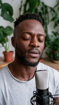 Male vocalist with short hair singing into a microphone, surrounded by indoor plants in a cozy setting, showcasing a relaxed atmosphere and focus on music