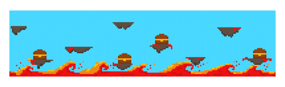 Pixel game scene, hot lava and islands in the background. 8 bit game scene with natural challenge against a blue sky. Game pixel level. 
