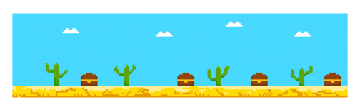 Pixel game scene, desert background with sand and cacti. 8 bit game scene with natural challenge against a blue sky. Game pixel level. 