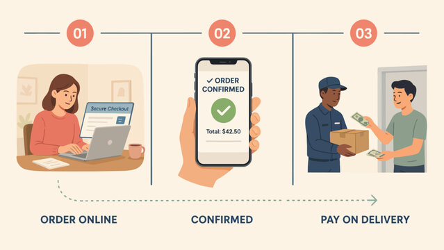 Woman ordering online, order confirmation on phone, delivery payment process illustration